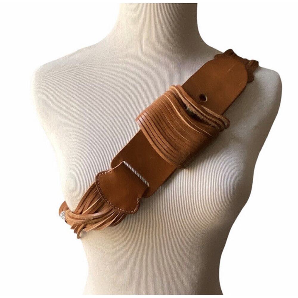 Unisex Leather Braided Belt Silvertone Metal Accents Caramel Tan Bohemian